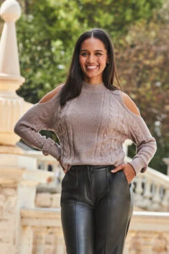 Taupe Cable Knit Cut Out Shoulder Jumper -MIDI Clothing Shop web 2309 125 a23tk198bn0003 125 084