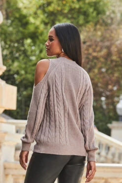 Taupe Cable Knit Cut Out Shoulder Jumper -MIDI Clothing Shop web 2309 125 a23tk198bn0003 125 174