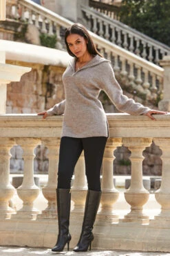 Natural Rib Knit Half Zip Longline Jumper -MIDI Clothing Shop web 2309 127 a23tk261bn0024 127 044