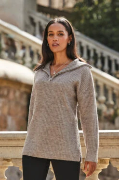 Natural Rib Knit Half Zip Longline Jumper -MIDI Clothing Shop web 2309 127 a23tk261bn0024 127 097