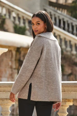 Natural Rib Knit Half Zip Longline Jumper -MIDI Clothing Shop web 2309 127 a23tk261bn0024 127 162