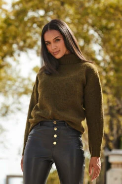 Khaki Green Chevron Roll Neck Ribbed Jumper -MIDI Clothing Shop web 2309 128 a22tk484gn0002 128 197