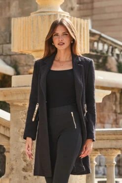 Black Boucle Coat With Gold Belt Detail -MIDI Clothing Shop web 2309 130 a23ow007bk0001 130 038