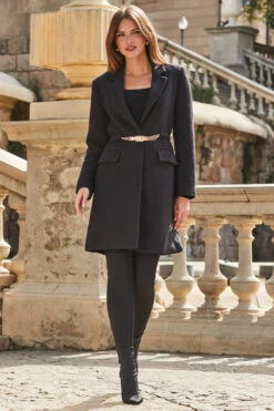 Black Boucle Coat With Gold Belt Detail -MIDI Clothing Shop web 2309 130 a23ow007bk0001 130 088 2