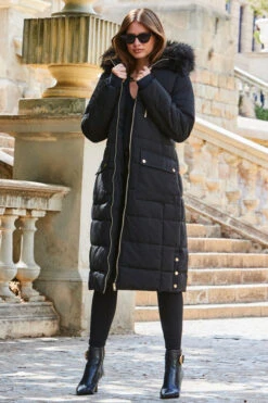Black Longline Padded Coat With Faux Fur Hood -MIDI Clothing Shop web 2309 141 a23ow021bk0001 141 036