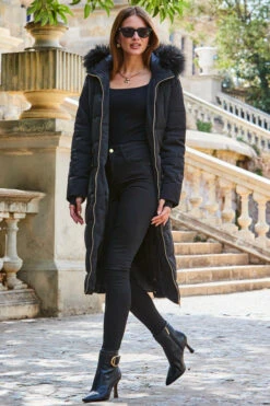 Black Longline Padded Coat With Faux Fur Hood