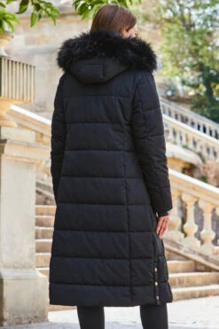 Black Longline Padded Coat With Faux Fur Hood -MIDI Clothing Shop web 2309 141 a23ow021bk0001 141 232