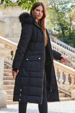 Black Longline Padded Coat With Faux Fur Hood -MIDI Clothing Shop web 2309 141 a23ow021bk0001 141 245