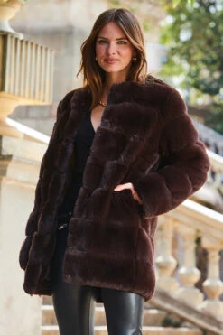 Dark Brown Faux Fur Coat -MIDI Clothing Shop web 2309 142 a23ow019pt0004 142 066