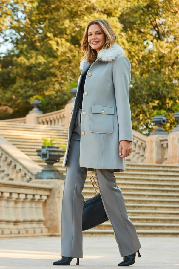 Light Grey Button Detail Coat With Faux Fur Collar 3 Light Grey Button Detail Coat With Faux Fur Collar
