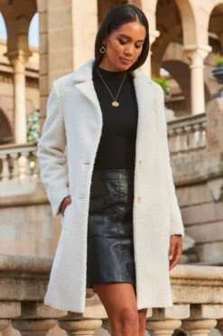 Cream Borg Button Front Coat -MIDI Clothing Shop web 2309 150 a23ow018nl0001 150 095