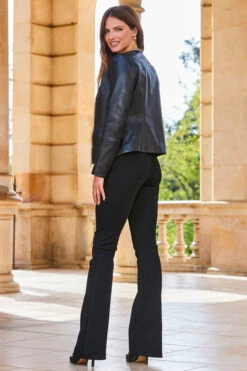 Black Round Neck Leather Jacket With Gold Chain Detail -MIDI Clothing Shop web 2309 170 a23ol003bk0001 s23bj001bk0001 170 298