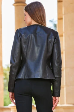 Black Round Neck Leather Jacket With Gold Chain Detail -MIDI Clothing Shop web 2309 170 a23ol003bk0001 s23bj001bk0001 170 303