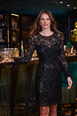 Black Premium Sequin & Lace Feather Cuff Shift Dress -MIDI Clothing Shop web 2309 182 a23dw029bk0001 182 106