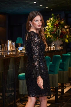Black Premium Sequin & Lace Feather Cuff Shift Dress -MIDI Clothing Shop web 2309 182 a23dw029bk0001 182 151