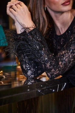 Black Premium Sequin & Lace Feather Cuff Shift Dress -MIDI Clothing Shop web 2309 182 a23dw029bk0001 182 158