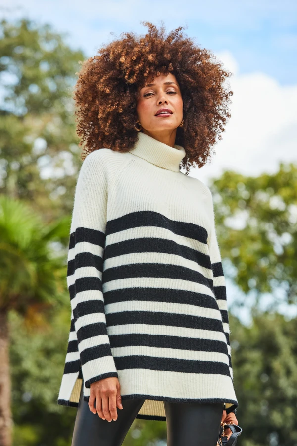 Cream & Black Stripe Super Soft Roll Neck Jumper 4 Cream & Black Stripe Super Soft Roll Neck Jumper - Image 2