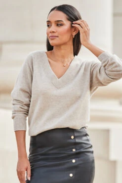 Taupe Cashmere V Neck Jumper