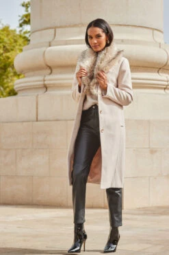 Oatmeal Faux Fur Shawl Collar Longline Coat -MIDI Clothing Shop web 2309 91 a23ow030bn0003 a22bl020bk0001 91 095