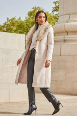 Oatmeal Faux Fur Shawl Collar Longline Coat -MIDI Clothing Shop web 2309 91 a23ow030bn0003 a22bl020bk0001 91 135