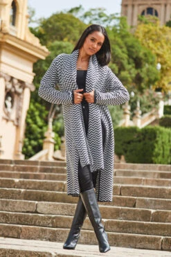 Black & White Herringbone Knit Longline Cardigan With Scarf -MIDI Clothing Shop web 2309 93 a23tk123bkwe01 93 257