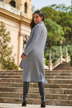 Black & White Herringbone Knit Longline Cardigan With Scarf -MIDI Clothing Shop web 2309 93 a23tk123bkwe01 93 399