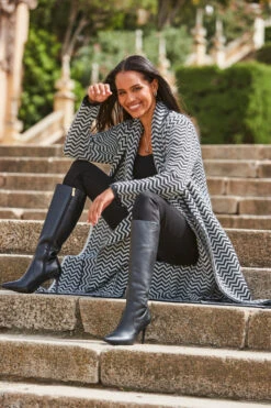 Black & White Herringbone Knit Longline Cardigan With Scarf -MIDI Clothing Shop web 2309 93 a23tk123bkwe01 93 435