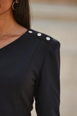 Black Asymmetric Neckline Pencil Dress With Button Detail -MIDI Clothing Shop web 2309 94 a23dw093bk0001 94 124