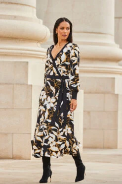 Black Floral Print Contrast Trim Midi Wrap Dress -MIDI Clothing Shop web 2309 95 a23dj021bkcv01 95 080