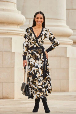 Black Floral Print Contrast Trim Midi Wrap Dress -MIDI Clothing Shop web 2309 95 a23dj021bkcv01 95 084