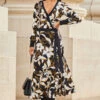 Black Floral Print Contrast Trim Midi Wrap Dress