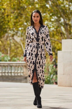 Black Chain Print Contrast Trim Belted Shirt Dress -MIDI Clothing Shop web 2309 96 a23dw105bkge01 96 038