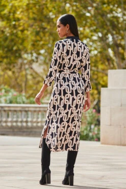 Black Chain Print Contrast Trim Belted Shirt Dress -MIDI Clothing Shop web 2309 96 a23dw105bkge01 96 189