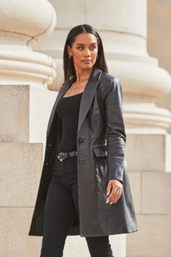 Black Premium Leather Longline Coat -MIDI Clothing Shop web 2309 97 a23ol004bk0001 s21ac024blan010one 97 108