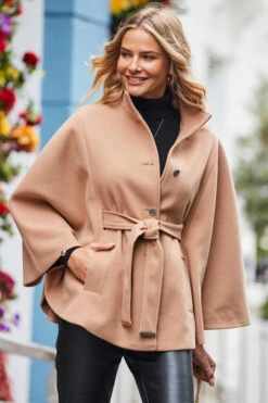 Camel Faux Wool Belted Cape Coat -MIDI Clothing Shop web 2310 03 a23ow074be0040 a20tk008bk0001 s22bp003bk0001 03 109