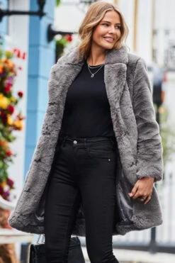 Grey Luxe Faux Fur Coat -MIDI Clothing Shop web 2310 07 a23ow023gy0014 07 082 rt