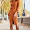 Tan Ruched Front Faux Suede Midi Shirt Dress -MIDI Clothing Shop web 2310 10 a23dp019bn0004 10 064