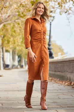 Tan Ruched Front Faux Suede Midi Shirt Dress -MIDI Clothing Shop web 2310 10 a23dp019bn0004 10 126