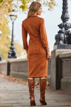 Tan Ruched Front Faux Suede Midi Shirt Dress -MIDI Clothing Shop web 2310 10 a23dp019bn0004 10 236