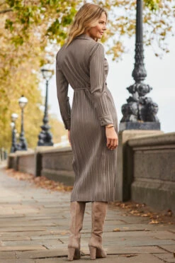 Taupe Leather Look Plisse Shirt Dress With Belt -MIDI Clothing Shop web 2310 15 a23dp022bn0003 15 120 rt