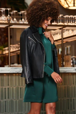 Black Leather Longline Biker Jacket -MIDI Clothing Shop web 2310 18 a23dw090gn0032 a23ol008bk0001 18 201 1