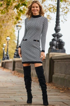 Black Geometric Jacquard Pocket Detail Knitted Shift Dress