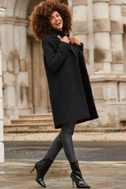 Black Stud Sleeve Detail Formal Coat -MIDI Clothing Shop web 2310 26 a23ow022bk0001 a23bd013mc0011 26 112 rt