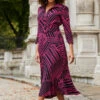 Pink & Black Geometric Print Belted Midi Dress