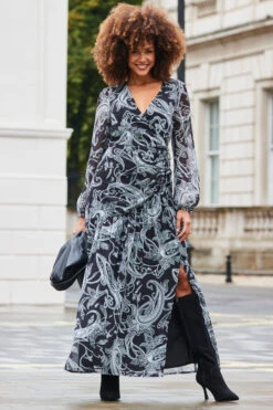 Black Paisley Print Wrap Maxi Dress -MIDI Clothing Shop web 2310 31 a23dw140bkcv01 31 065