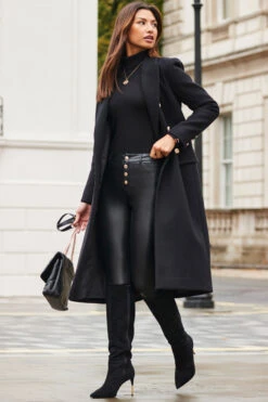 Black Double Breasted Longline Wool Coat -MIDI Clothing Shop web 2310 45 a23ow026bk0001 a23bp013bk0001 45 051