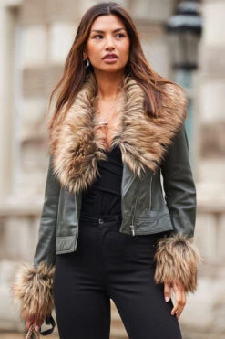 Khaki Green Leather Biker Jacket With Faux Fur Trim -MIDI Clothing Shop web 2310 49 a23ol006gn0002 s20bd002bk0001 49 058