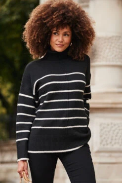 Black & Ivory Stripe Roll Neck Jumper