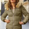 Khaki Green Faux Fur Trim Luxe Padded Coat With Silver Zip Pockets -MIDI Clothing Shop web 23 s20ow012we 178 rt2