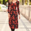 Black & Red Floral Print Ruched Front V Neck Midi Jersey Dress